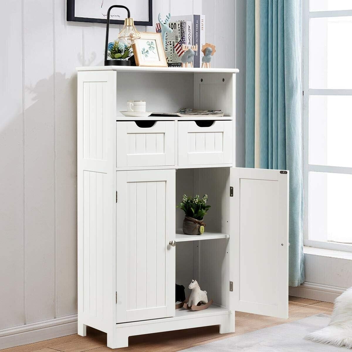 Elegant Design Multifunction Freestanding Bathroom Floor Cupboard Cabinet Storage Organize with 2 Drawer Adjustable 2 Doors Sturdy Durable for Toilet
