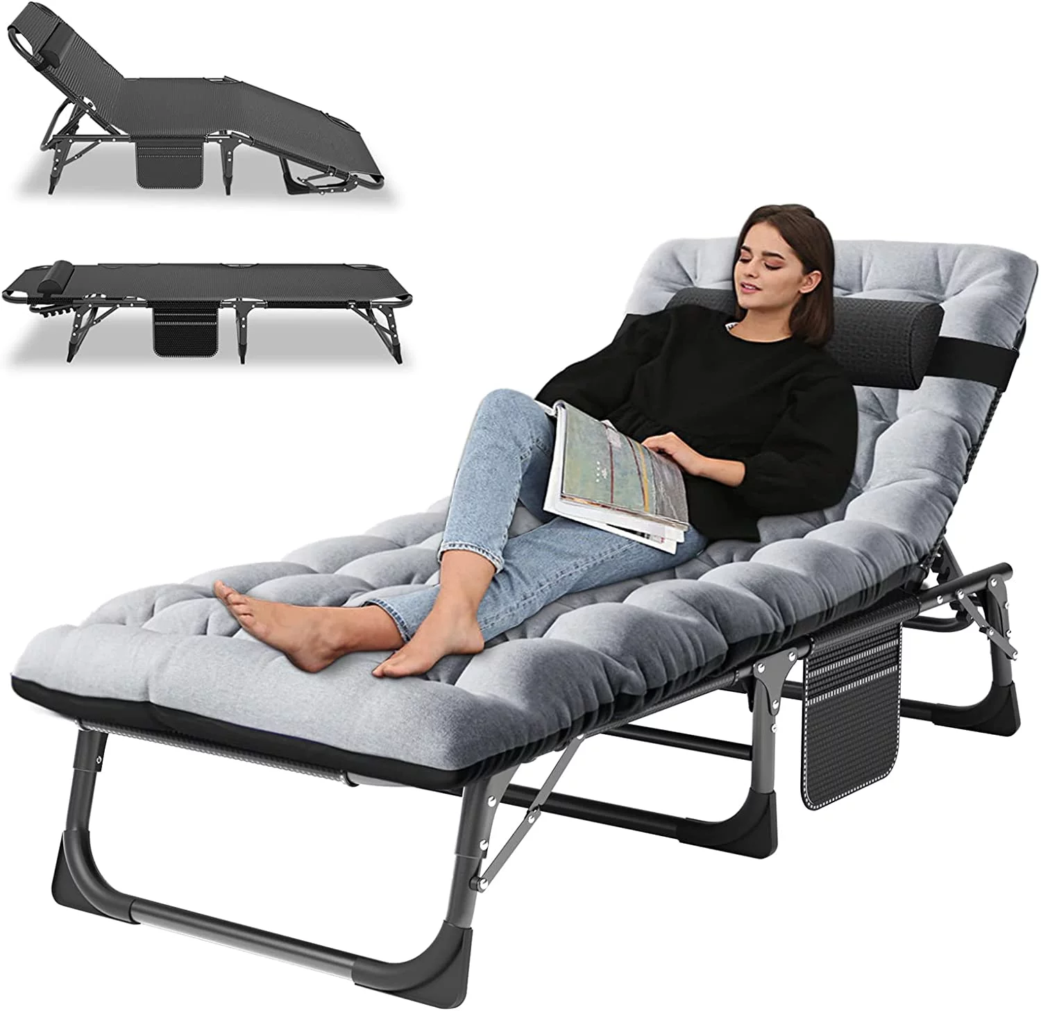 Slsy Folding Sleeping Cots Bed with 2 Sided Mattress & Pillow, Folding Camping Cot, Adjustable 4-Position Folding Lounge Chair