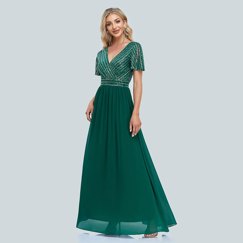 2023 New Women Green Evening Dresses Elegant V-Neck Sequins Chiffon Formal Gown Robe Vestidos De fiesta Dress For Wedding Party
