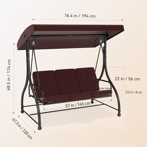 3-Seat Outdoor Porch Swing Glider with Adjustable Canopy, Patio Swings Bed with Removable Cushion for Porch, Backyard, Garden, Poolside, Balcony