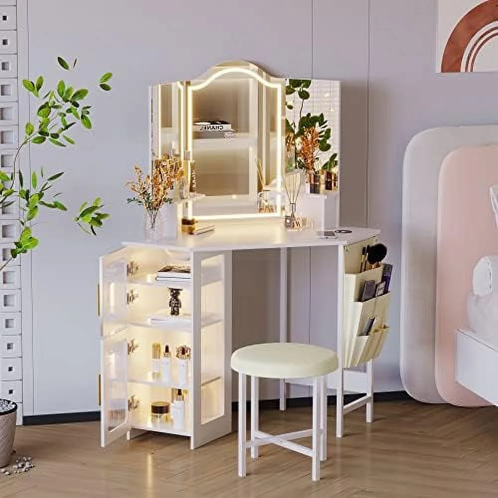 Vanity Desk with Mirror and Lights  Makeup Vanity with Charging Station  Dressing Table with 3 Lighting Options  Vanity Set with Drawers