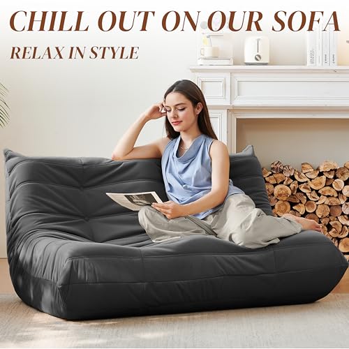 Bean Bag Chair for Adults - Suede & Microfiber Fireside Floor Chair, Comfortable Corner Lounge Sofa for Living Room, Bedroom, Office (3-Seater, Beige)
