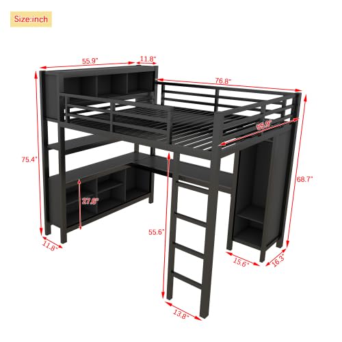 Metal Loft Bed with Wardrobe and L-Shaped Desk, Full Size Loft Bed with Storage Cubes and Shelves, Heavy Duty Loft Bed for Kids Teens, White