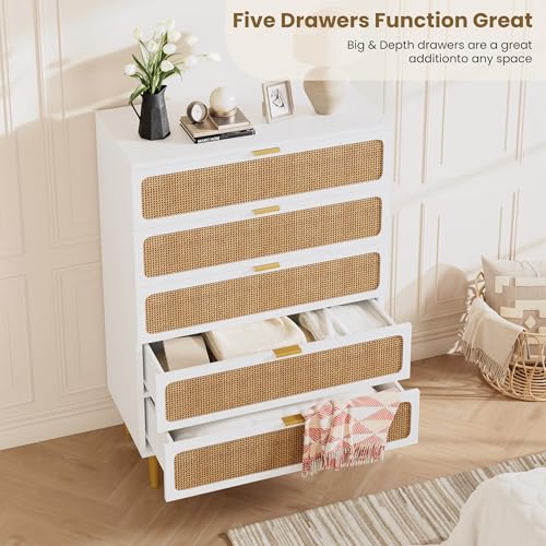 Rattan 5 Drawer Dressers for Bedroom, Tall Dresser with Deep Drawers, Large Chest of Drawers for Closet with Wide Top