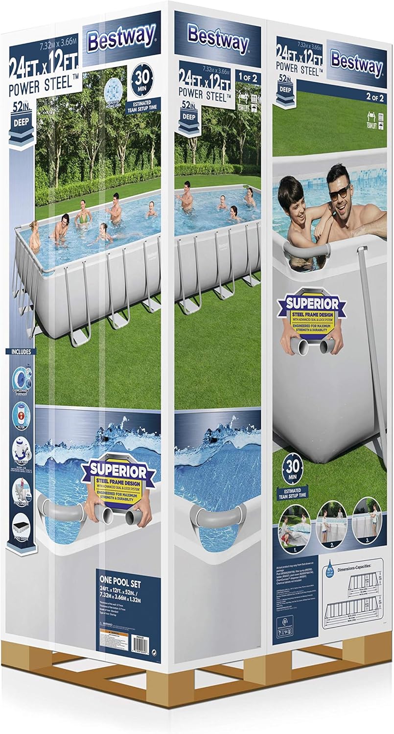 Bestway 56711E Power Steel 18' x 9' x 48 Outdoor Oval Frame Above Ground Swimming Pool Set with 1500 GPH Cartridge Filter Pump, Cover, & Ladder, Gray