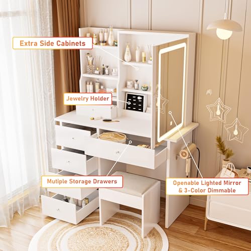 ALEAVIC Vanity Desk with Mirror and LED Lights, Makeup Vanity Set with Power Outlet, and Stool,Jewelry Storage,White Vanity Desk for Bedroom
