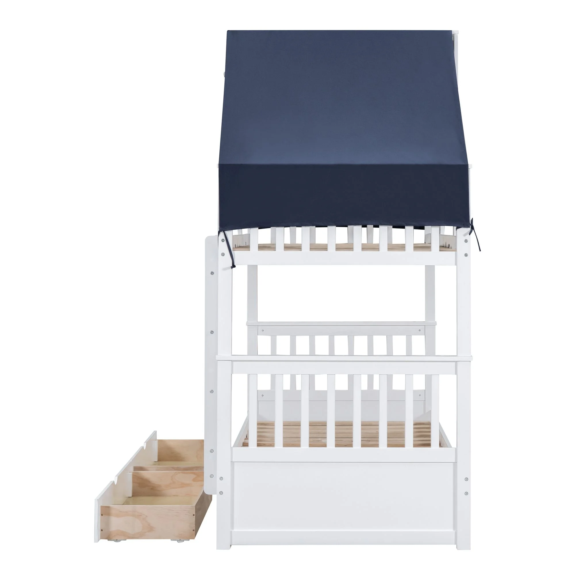 Twin Over Twin Bunk Bed with Tent and Drawers for Boys/Girls/Teens Bedroom, Wood Bed Frame with Safety Guardrail, No Box Spring Needed with Roof