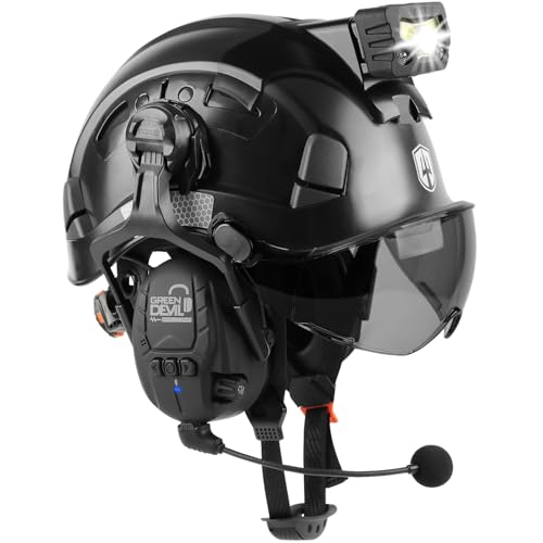 GREEN DEVIL Hard Hat Safety Helmet with Visor Bluetooth Ear Muffs and Headlamp 5 in 1 Full Protection Vented Work Hardhat ANSI Z89.1 Cascos De