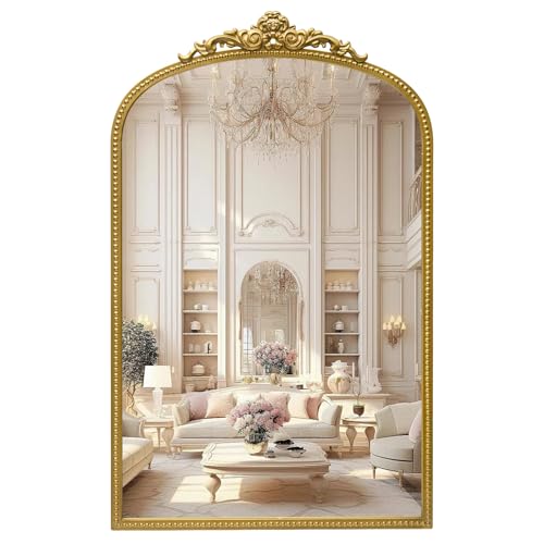 24" x 38" Antique Gold Arch Bathroom Mirror, Traditional Beaded Frame Wall Mirror