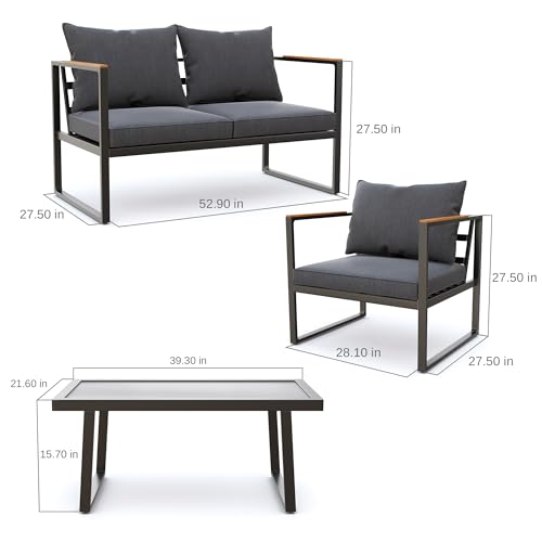 EAST OAK Courtyard Patio Furniture Set, 4-Piece Outdoor Patio Set with Sofa, Removable & Washable Deep Seating Cushion, Tempered Glass Table