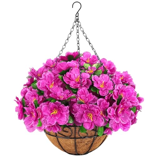 Artificial Hanging Flowers with Basket, Silk Azalea Flowers in Coconut Lining Hanging Baskets