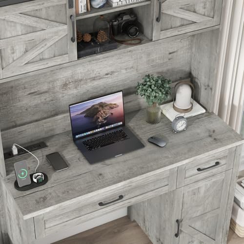 Farmhouse 47'' Executive Desk, I-Shape Desk with 3 Drawers, 2 Cabinets, Gray Oak, for Home Office