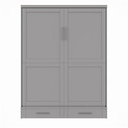 Queen Size Gray Murphy Wall Bed in Solid Wood, No Box Spring Needed, Easy Assembly