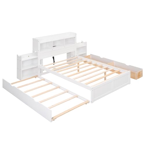 Full Size Storage Bed with Bookcase Headboard and Trundle, Wood Platform Bed Frame with Charging Station