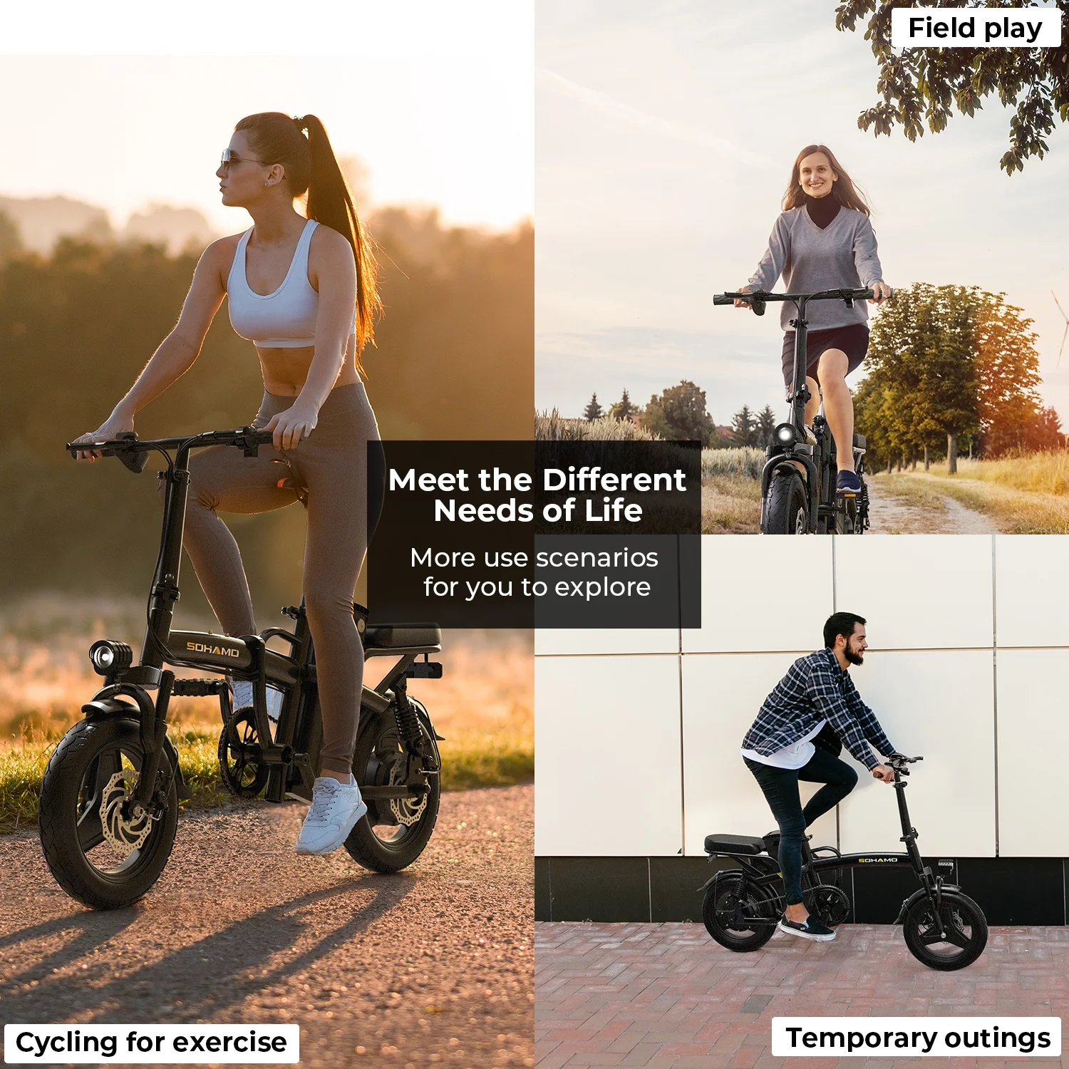 SOHAMO Electric Bike w/400W Motor and 48V 13Ah Removable Battery Folding Ebike for Adults and Teens, Full Suspension, 3 Levels Assist