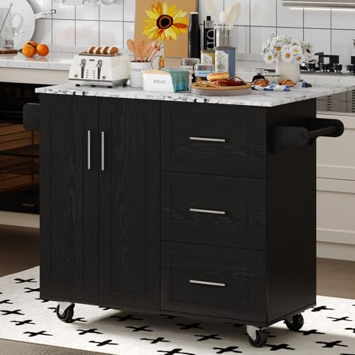 4 EVER WINNER Rolling Island with Storage and Drop Leaf, Marble Tabletop, Kitchen Carts on Wheels with Towel Rack & Spice Rack