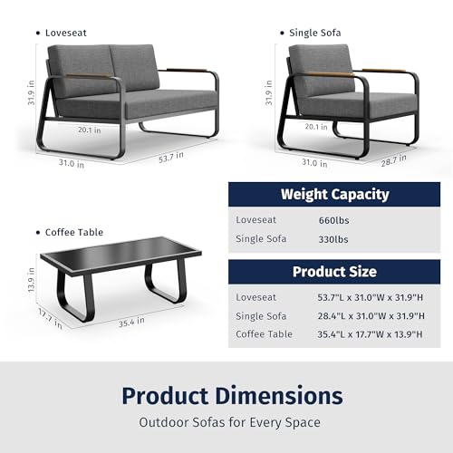 EAST OAK Courtyard Patio Furniture Set, 4-Piece Outdoor Patio Set with Sofa, Removable & Washable Deep Seating Cushion, Tempered Glass Table