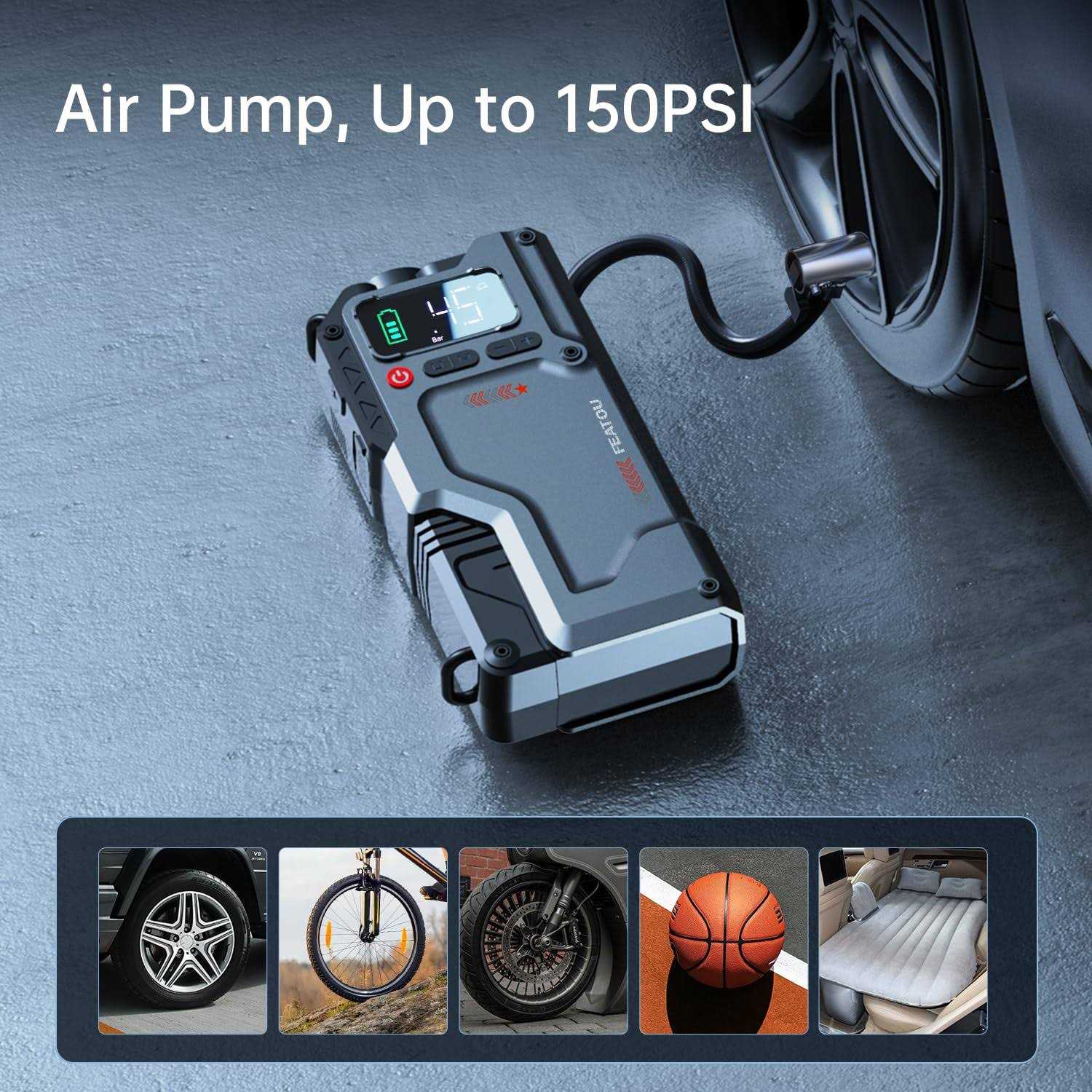 Featou Jump Starter with Air Compressor 5 in 1 Function Jump Box 2500A Peak 150PSI Jump Starter Battery Pack with Digital Tire Inflator