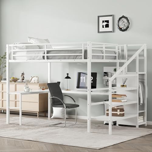 SOFTSEA Queen Size Loft Bed with LED Lights & USB Ports, Heavy Duty Metal Loft Bed with L Shaped Desk & Storage Stairs
