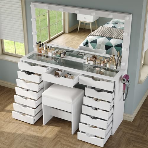 Vanity Desk with Mirror and Lights, Makeup Table with Charging Station, 3 Color Lighting Modes, 15 Drawers Dressing Table