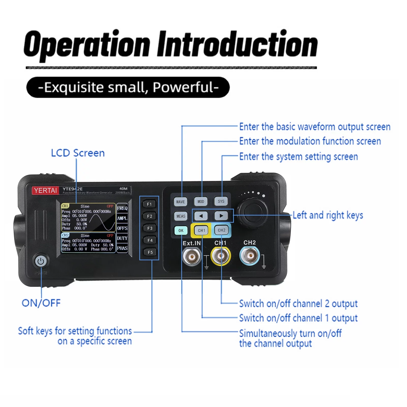Portable Dual channel Function Arbitrary Waveform Generator, 200MSa/S Sampling Rate, 8k Storage Depth, 2.4 inch TFT LCD, Oscilloscope