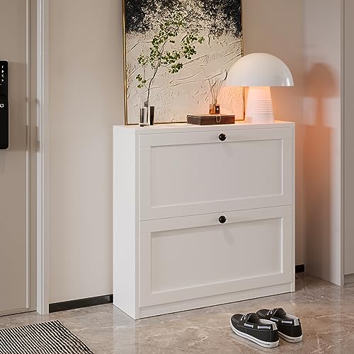 VOWNER Shoe Cabinet with 2 Flip Drawers, Freestanding Shoe Storage Cabinet with Adjustable Shelf & Anti-Tipping Device, Shoe Rack for Entryway