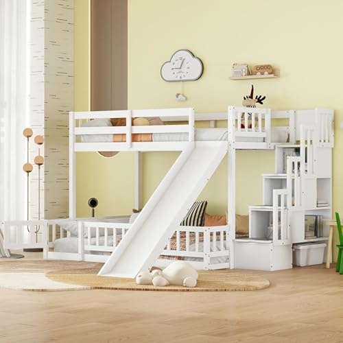 Bunk Beds Twin Over Full Size, Pine Solid Wooden Bunk Bed with Slide, Storage Staircase, Safety Guardrails for Kids, White