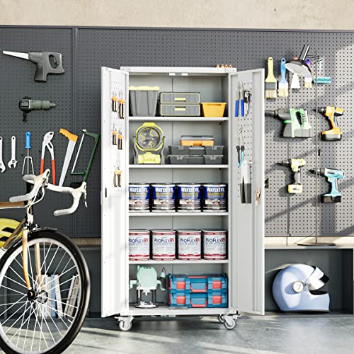 Garage Storage Cabinet with Wheels & Pegboard, 72" H Locking Metal Storage Cabinet with Doors and 4 Adjustable Shelves for Garage Workshop Home