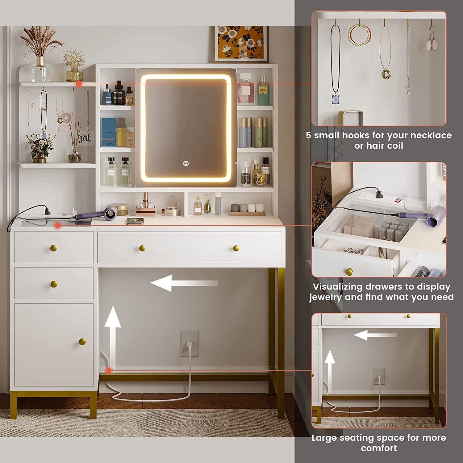 Vanity Table with Charging Station, Makeup Desk with Lights in 3 Colors, White - Radiant Selections