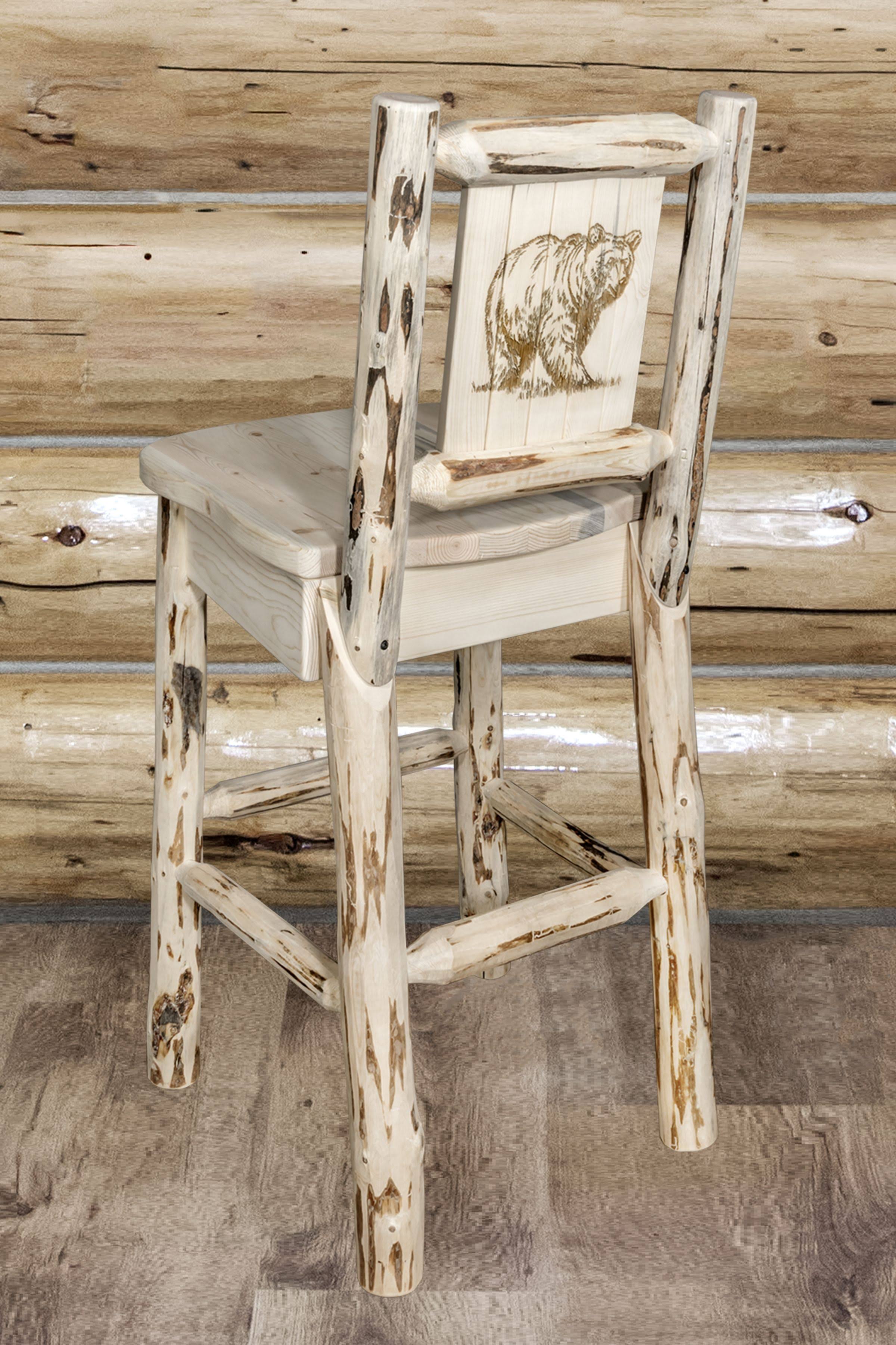 Montana Woodworks MWBSWNRV24LZBEAR Counter Height Back Barstool with Laser Engraved Bear Design Clear Lacquer Finish
