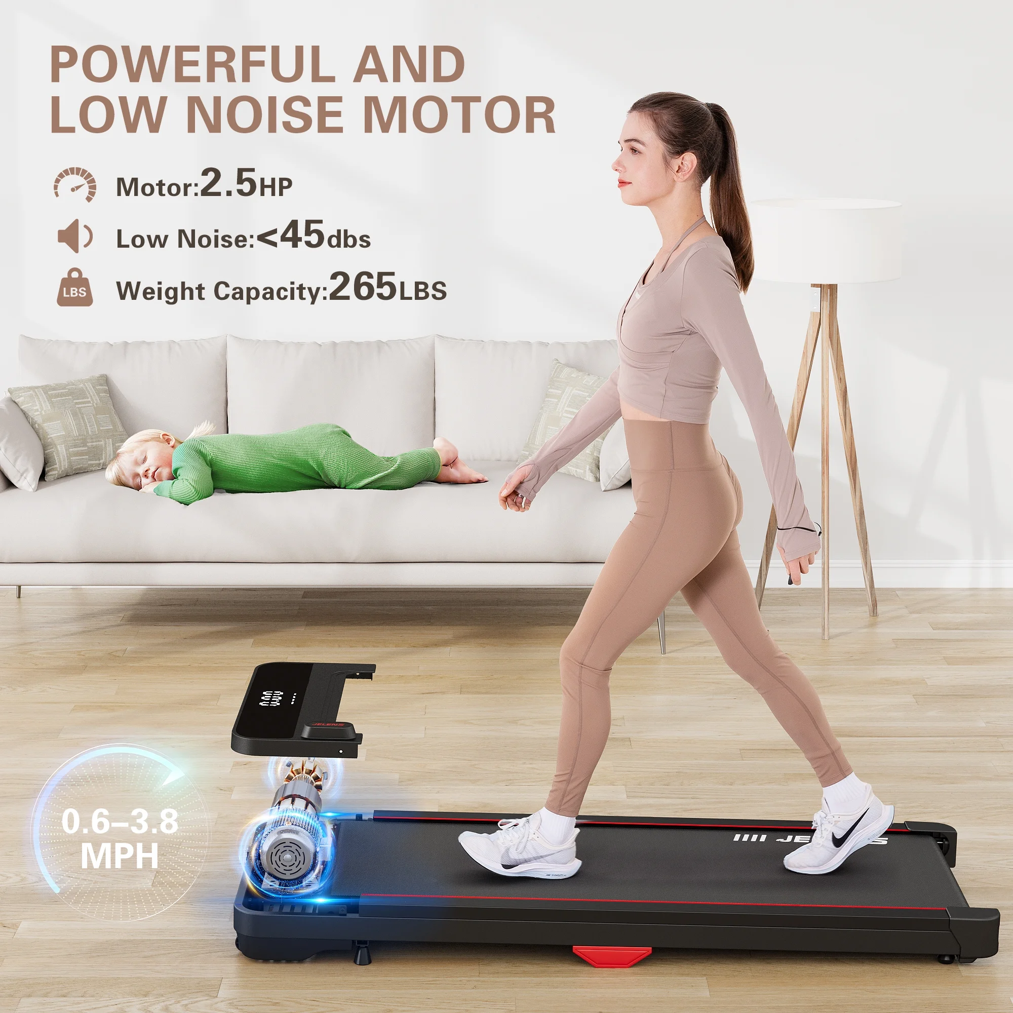 JELENS Walking Pad, Under Desk Treadmill, 2.5HP Portable Treadmills for Home Office, Walking Jogging Machine with Remote Control, LED Display