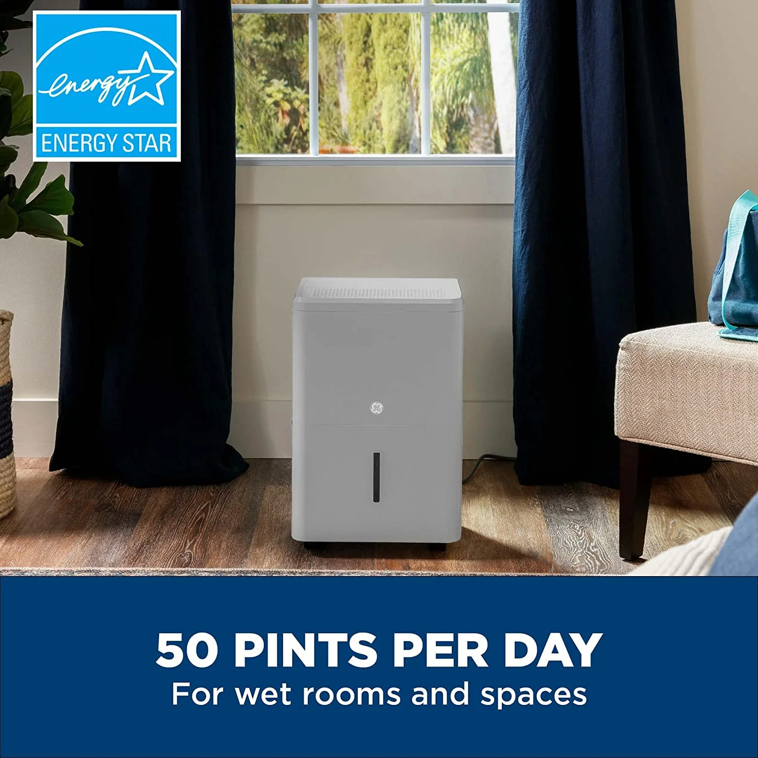 GE Energy Star Dehumidifier 50 Pint, For rooms up to 4000 Sq Ft, Ideal For High Humidity Areas, Complete With Empty Bucket & Alarm Filter Alert