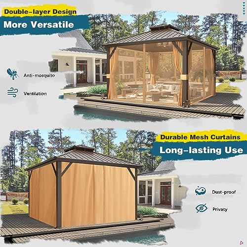 MELLCOM 10'x13' Hardtop Gazebo with Polycarbonate Double Roof, Aluminum Frame Outdoor Gazebo Permanent Pavilion with Curtains and Netting for Patio