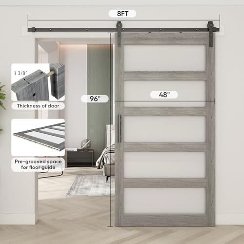 BARNSMITH 42in x 84in Glass Barn Door with 7FT Sliding Door Hardware Kit Included & Handle