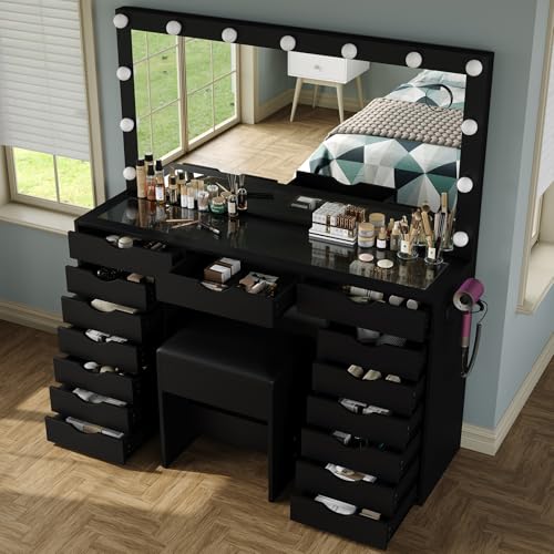 Vanity Desk with Mirror and Lights, Makeup Table with Charging Station, 3 Color Lighting Modes, 15 Drawers Dressing Table