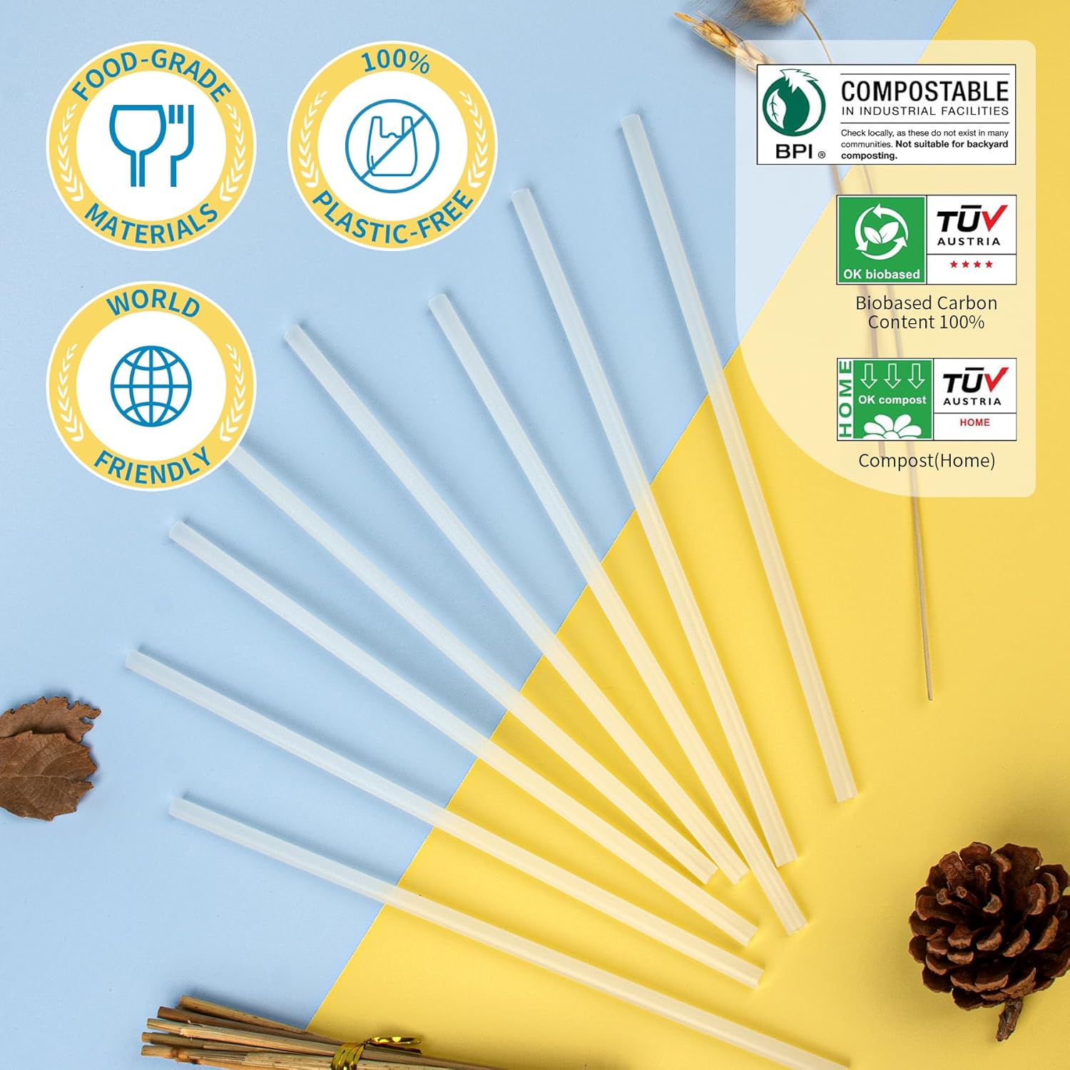 Plant-Based Compostable Straws, 100% Plastic-Free, Eco Friendly, Marine Biodegradable Straws