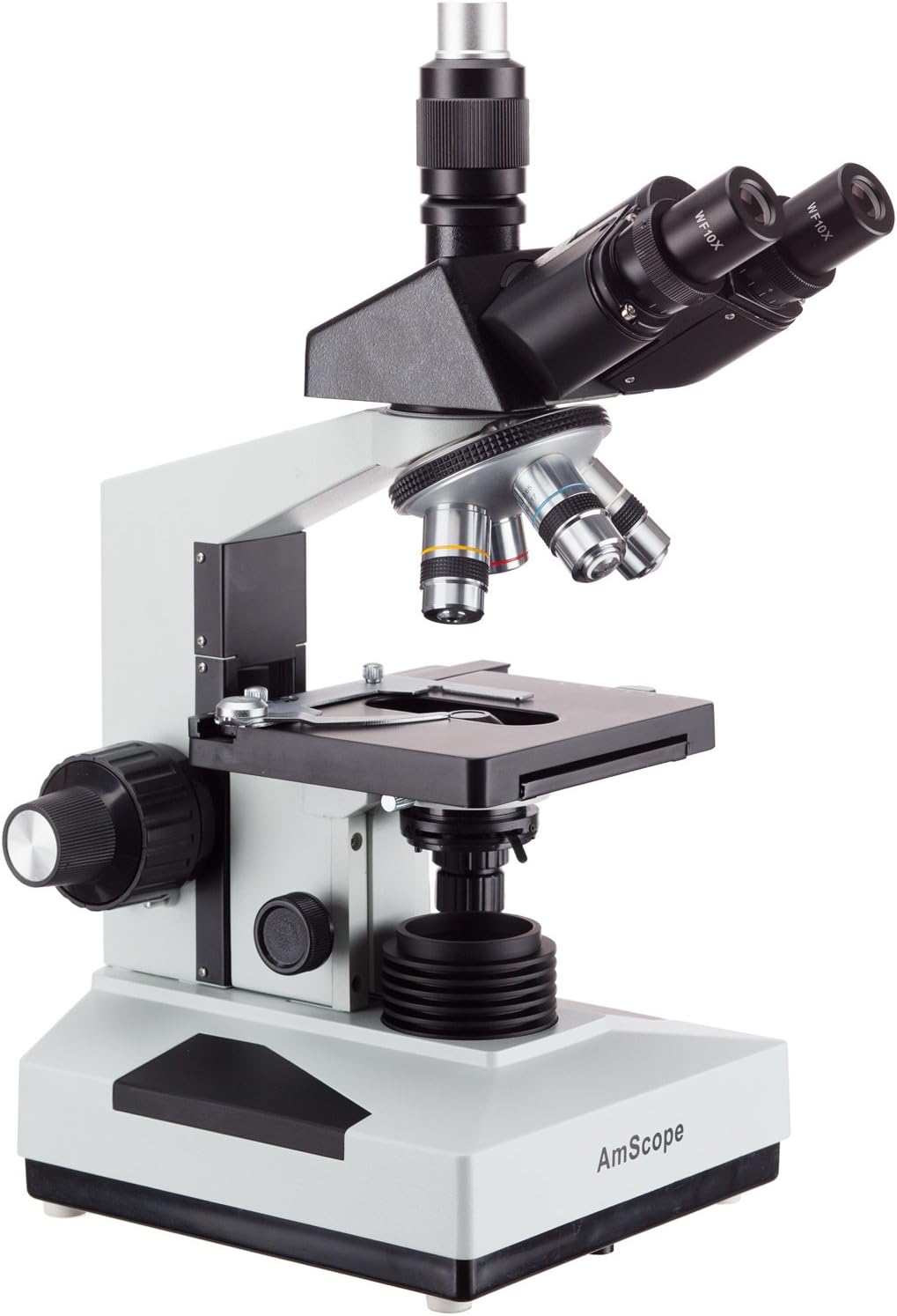 AmScope T490B Compound Trinocular Microscope, 40X-2000X Magnification, Halogen Light, Abbe Condenser, 2-Layer Mechanical Stage