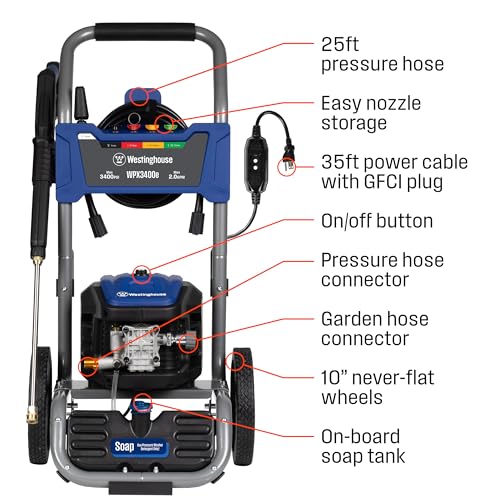 Westinghouse WPX3400e Electric Pressure Washer, 3400 Max PSI and 2.0 Max GPM, Brushless Motor, Onboard Soap Tank, Spray Gun and Wand, 5 Nozzle Set