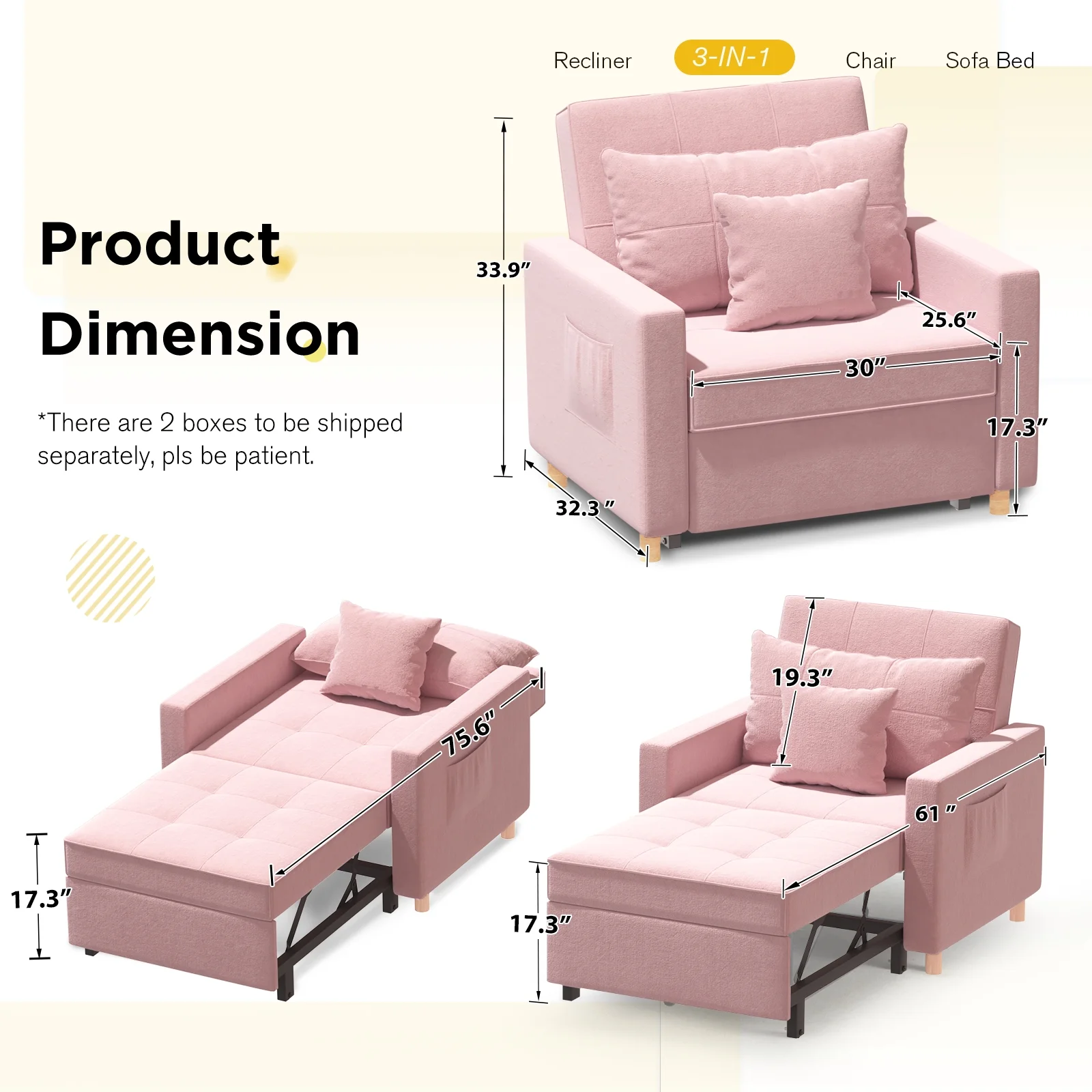 YODOLLA 40 Inch Sleeper Chair Bed 3-in-1 Convertible Futon Chair Multi-Functional Sofa Bed Adjustable Reading Chair, Sofa, Bed