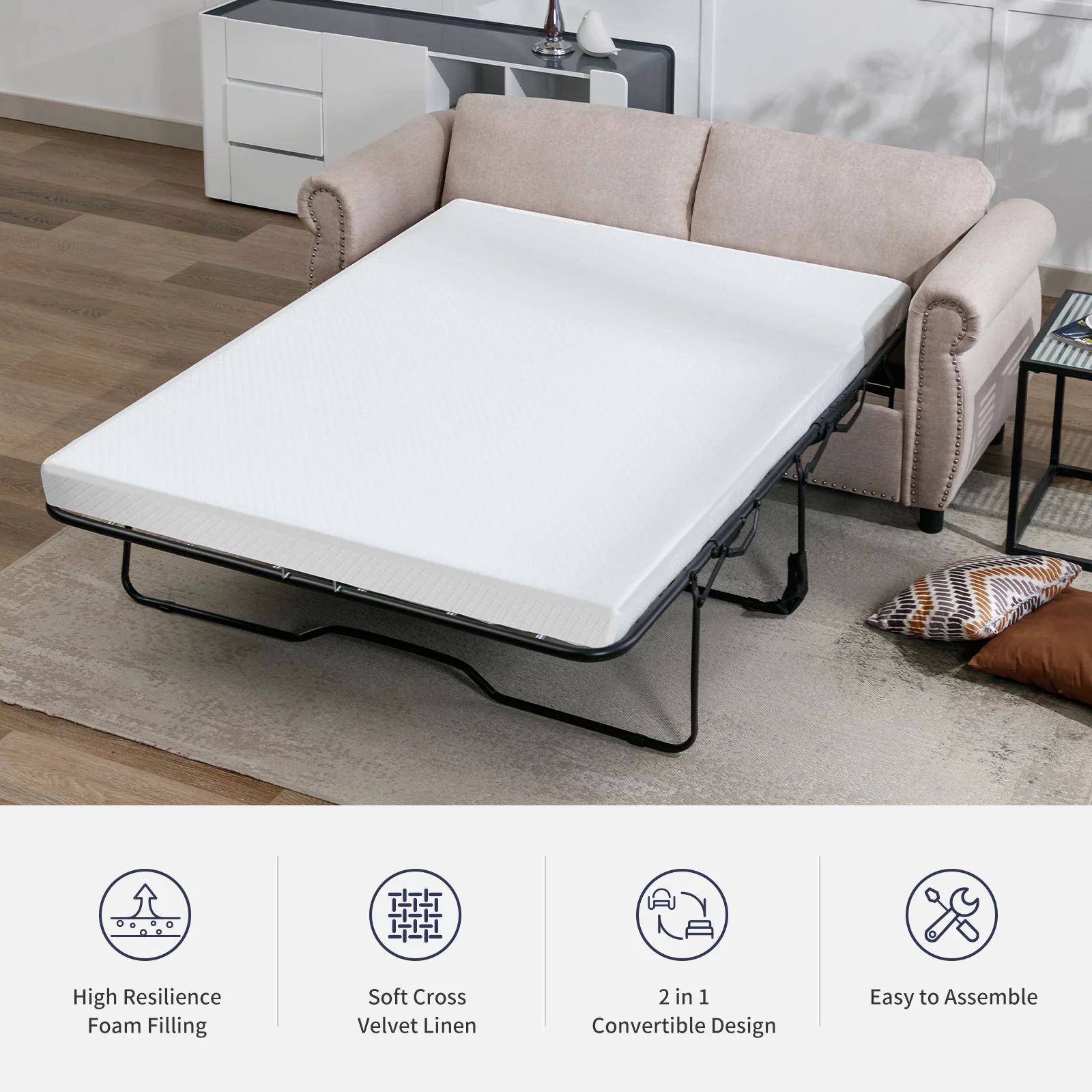 ZAFLY 2-in-1 Queen Size Pull Out Sofa Bed | Convertible Loveseat with Mattress | Sleeper Sofa Couch for Living Room/Apartment, Beige