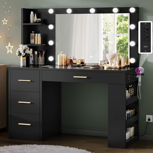 DWVO Vanity Desk with Mirror, Large Makeup Table with Power Outlets, 11 LED Bulbs, 3 Adjustable Light Modes, 4 Drawers and Built-in Shelves