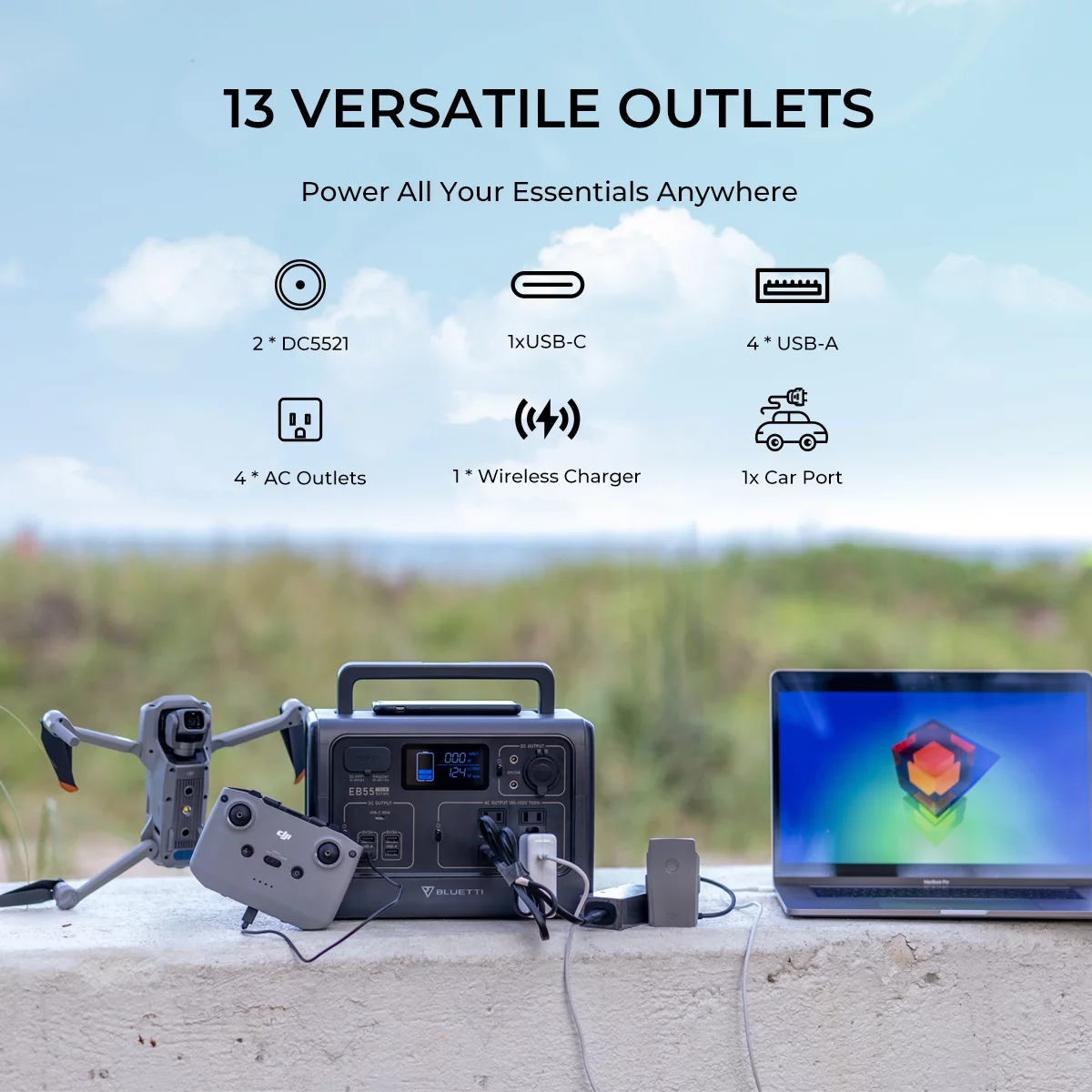 Bluetti Portable Power Station EB55, 537Wh Capacity Solar Generator, 700W AC Outlets (1400W Peak), for Outdoor Camping, Off-grid, Blackout