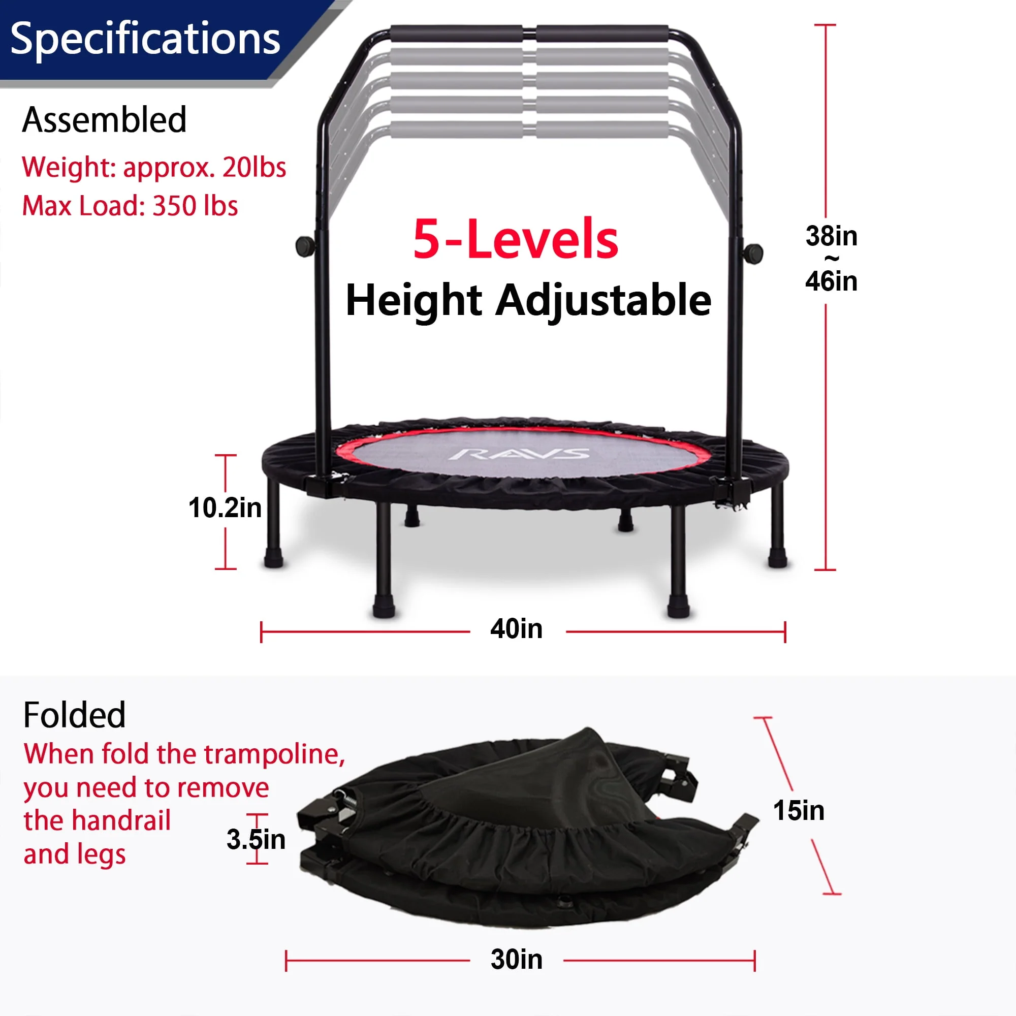 RAVS 40'' inch Black Foldable Mini Trampoline Rebounder for Kids and Adults with Height Adjustable Handle