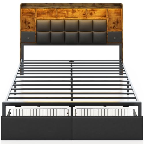 LED Bed Frame Full Size with Bookshelf Headboard, 2 Hidden Storage Drawers, Upholstered Platform Metal Bed Frame with Charging Station