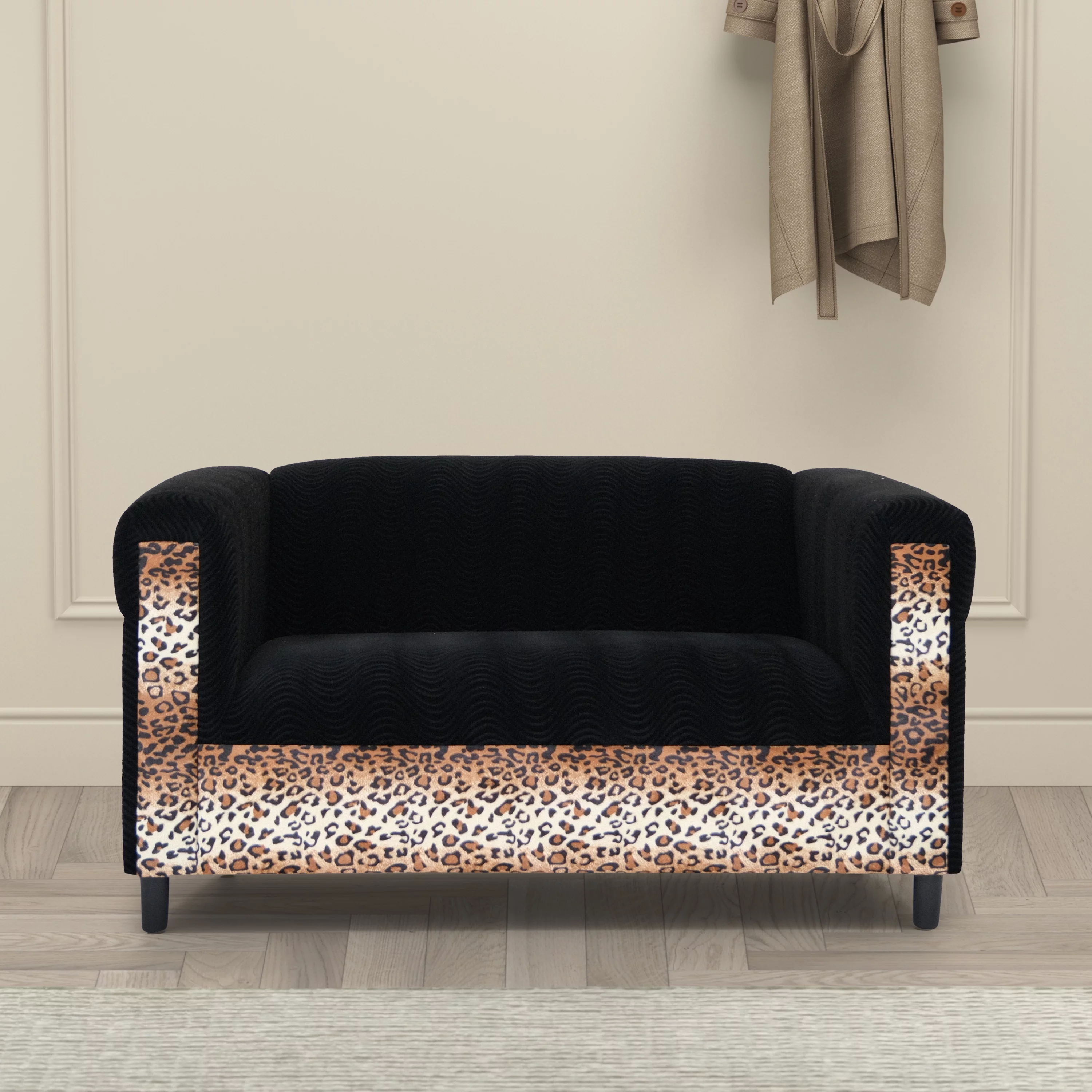 Coast to Coast Sofas Broadway Velvet Black Loveseat Sofa for with Leopard Print Solid Wood Frame