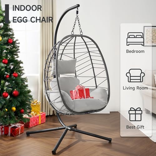 Hanging Egg Chair with Stand, Outdoor Indoor Egg Swing Chair with Cushion Headrest, Wicker Rattan Egg Chair with Dual Chains