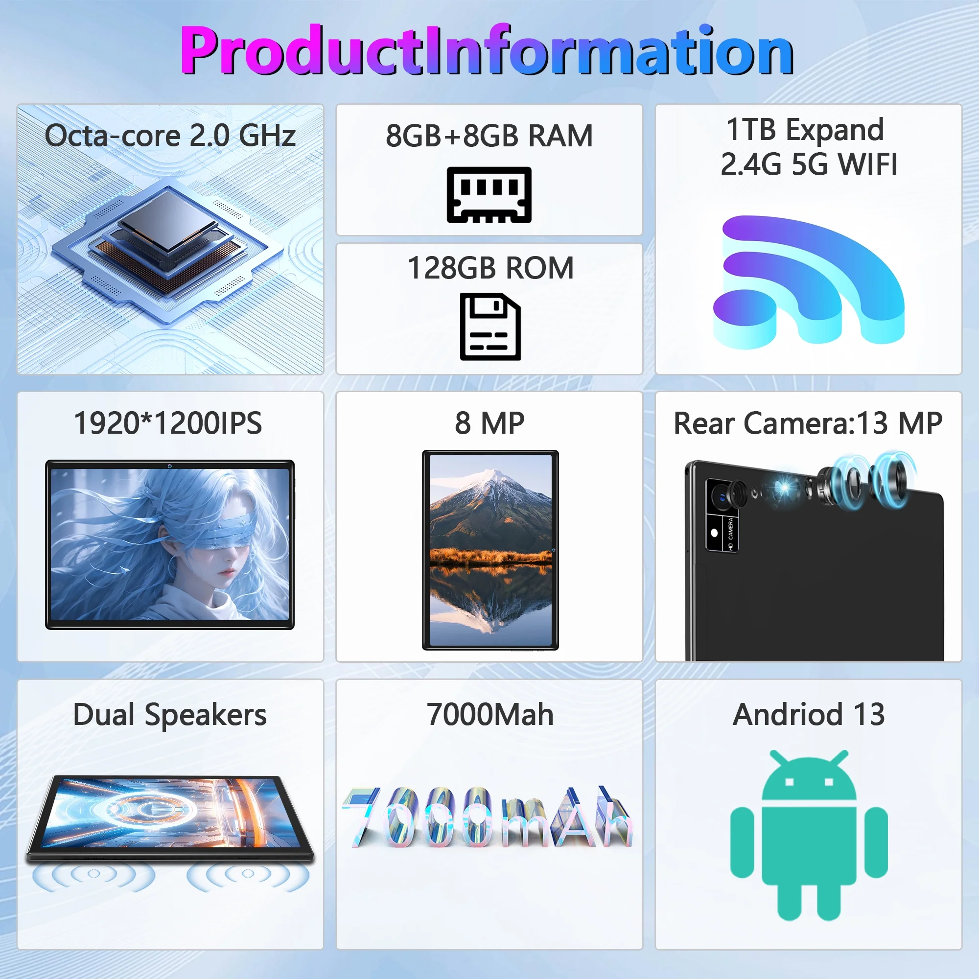 10in Android 13 Tablet（8+8)gb Ram 128gb Rom 1TB Computer Tablets Pc with Keybord Octa Core MTK8183 Gps 5G Wifi