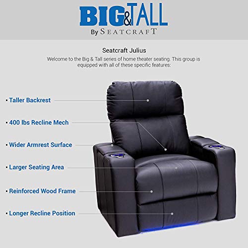 Seatcraft Julius Power Recliner - Home Theater Seating - Living Room - Big and Tall - Living Room - 400 lbs Capacity - Top Grain Leather