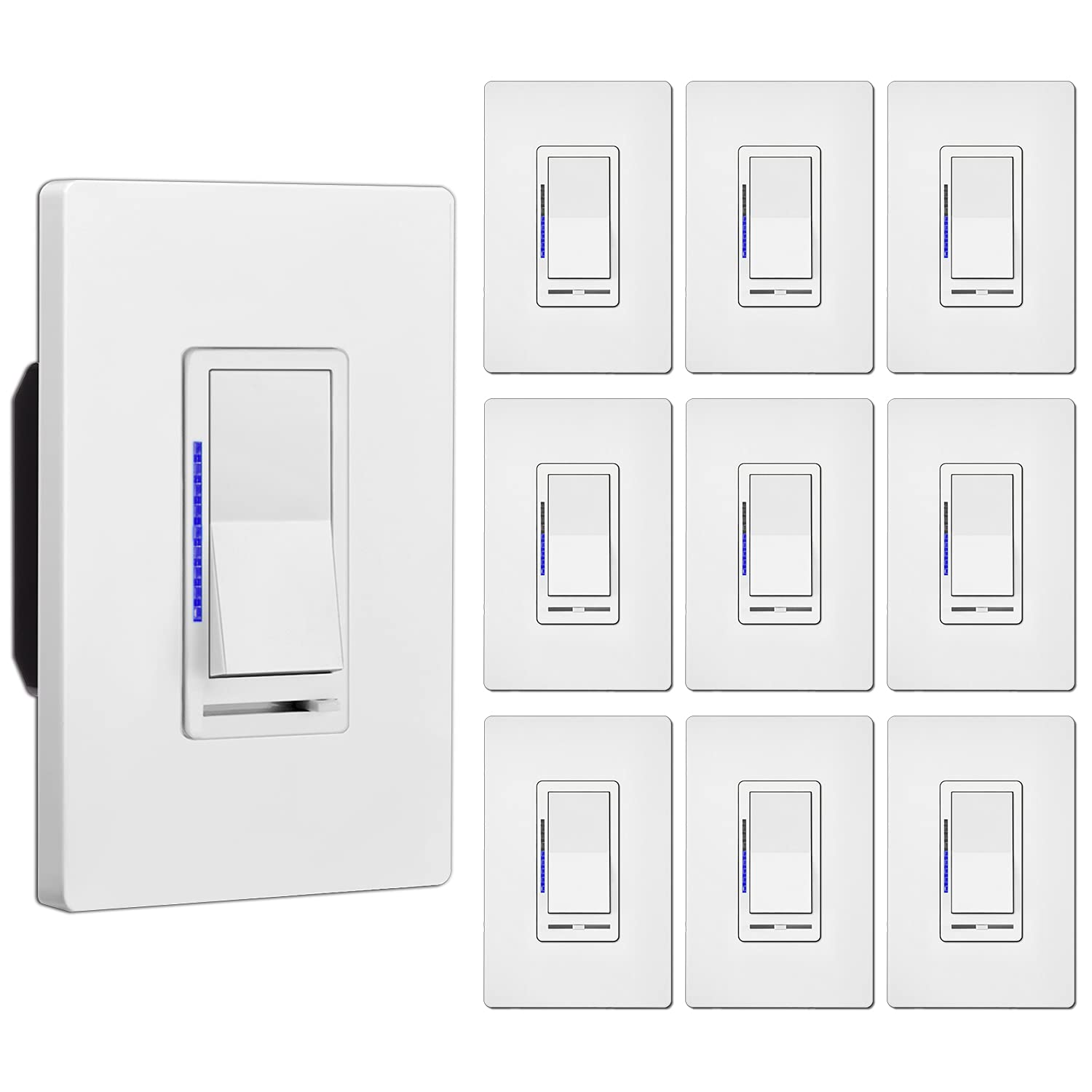 [10 Pack] BESTTEN Digital Dimmer Light Switch with LED Indicator, Horizontal Dimming Slider Bar, Single Pole or 3-Way, for Dimmable LED Lights, CFL