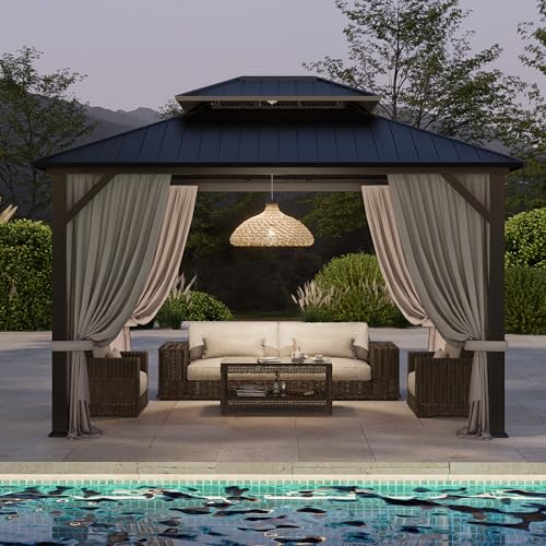 10'x12' Hardtop Gazebo, Double-Layer Galvanized Steel Roof Gazebo, All-Season Aluminum Frame Pavilion with Privacy Curtains and Netting for Patio